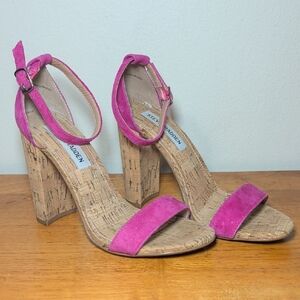 Steve Madden Carrson Sandals Pink Ankle Strap Cork Block Heels Women's Size 6.5